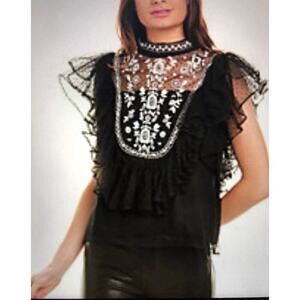 Stellah Whimsy Goth Mesh Black Celestial Boho Top Size M Embroidery Party
